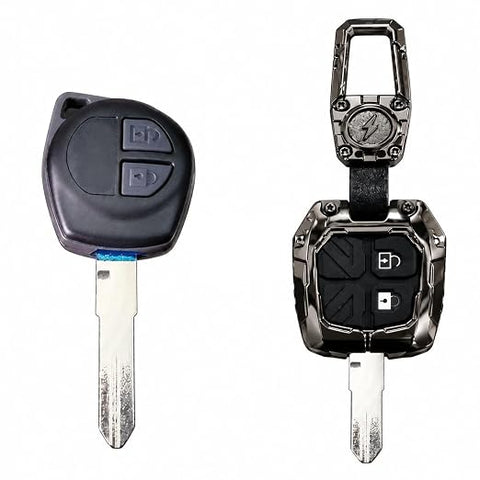 DOSSNIK Metal Car Key Cover for Maruti Suzuki Baleno, Brezza, Fronx, Grand Vitara, XL6, Ertiga, Jimny | 2 Button Smart Key Case | Rugged Metal Key Protector Cover with Keychain | Black
