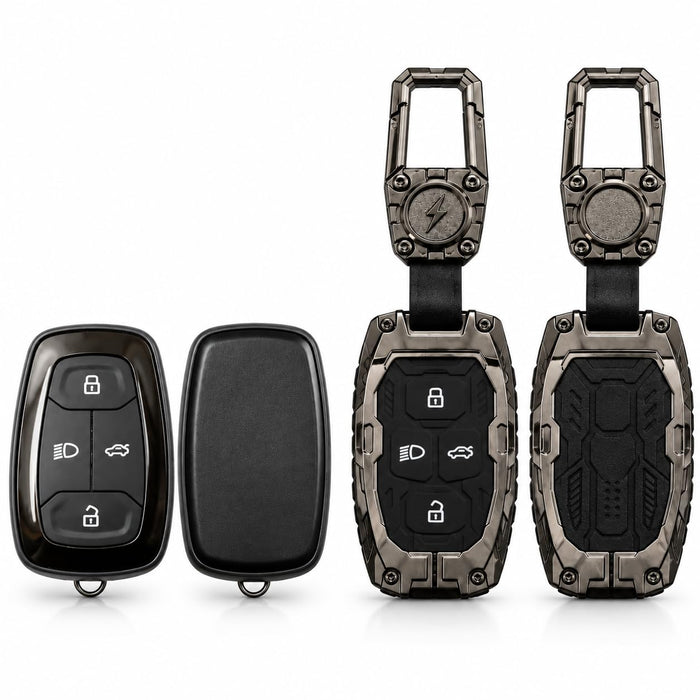 DOSSNIK Metal Car Key Cover for Tata Nexon, Harrier, Safari, Altroz, Punch, Tigor, Tiago EV | 4 Button Smart Key Case | Rugged Metal Key Protector Cover with Keychain | Black