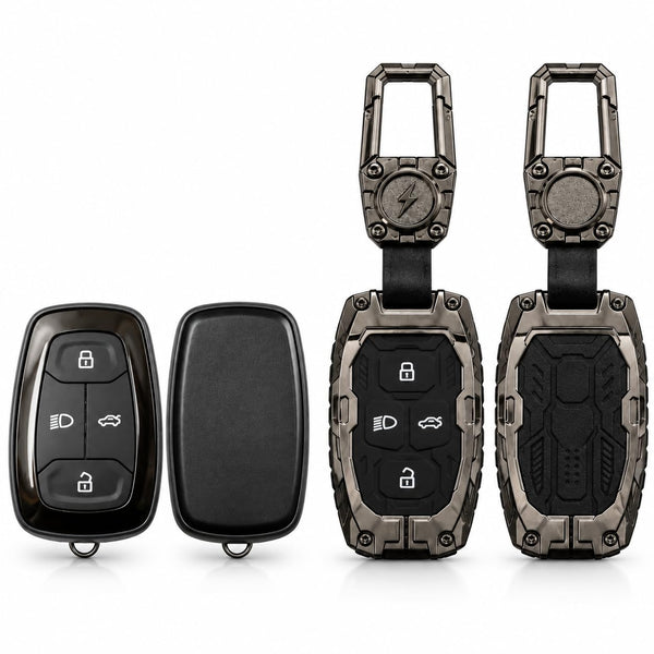 DOSSNIK Metal Car Key Cover for Tata Nexon, Harrier, Safari, Altroz, Punch, Tigor, Tiago EV | 4 Button Smart Key Case | Rugged Metal Key Protector Cover with Keychain | Black
