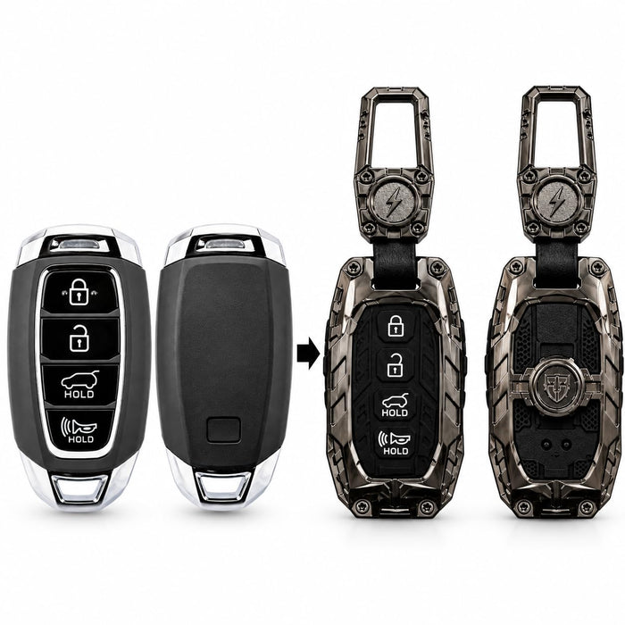 DOSSNIK Metal Car Key Cover for Hyundai Creta, Venue, i20, i20 N Line, Alcazar, Tucson, Elantra, Exter, Aura, Verna, Xcent, Grand i10 Nios | 4 Button Smart Key Case | Rugged Metal Key Protector Cover with Keychain | Black