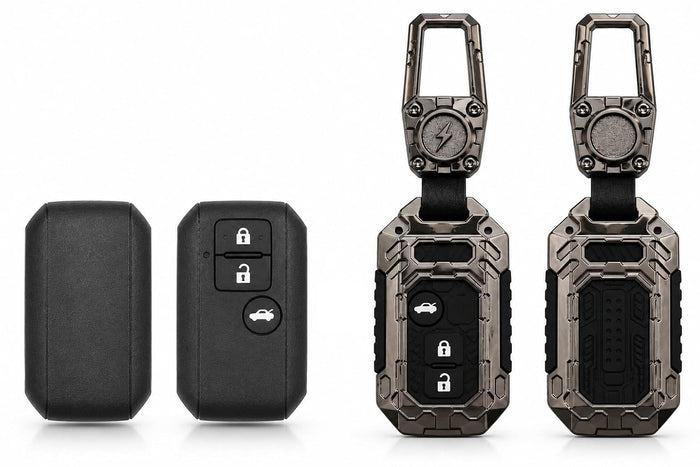DOSSNIK Metal Car Key Cover for Maruti Suzuki Swift, Dzire, Ertiga | 3 Button Smart Key Case | Rugged Metal Key Protector Cover with Keychain | Black