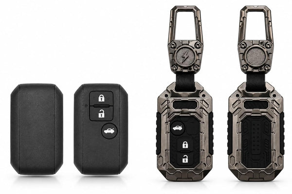 DOSSNIK Metal Car Key Cover for Maruti Suzuki Swift, Dzire, Ertiga | 3 Button Smart Key Case | Rugged Metal Key Protector Cover with Keychain | Black
