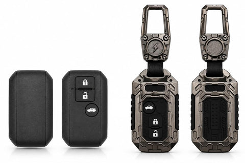 DOSSNIK Metal Car Key Cover for Maruti Suzuki Swift, Dzire, Ertiga | 3 Button Smart Key Case | Rugged Metal Key Protector Cover with Keychain | Black