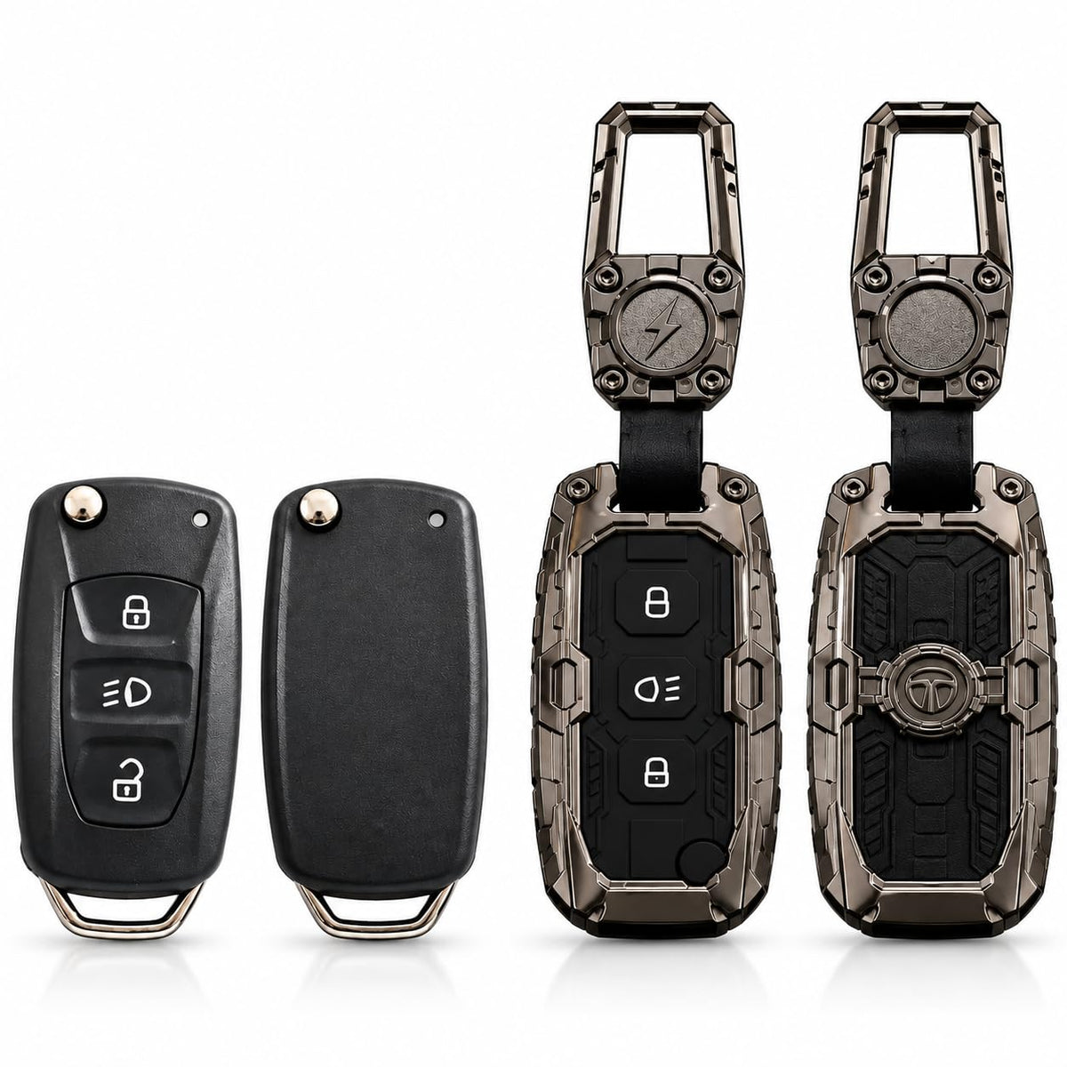 DOSSNIK Metal Car Key Cover for Tata Nexon, Punch, Altroz, Harrier, Safari, Tiago, Tigor, Hexa, Zest, Bolt, Aria | 3 Button Smart Key Case | Rugged Metal Key Protector Cover with Keychain | Black